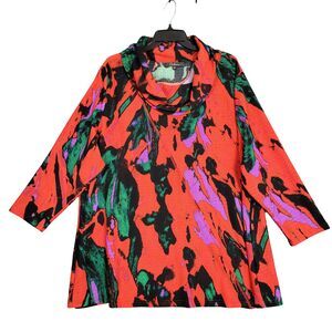 Calessa Red Artsy Abstract Cowl Neck Textured Bright Tunic Top HN24A15W SIZE 3X